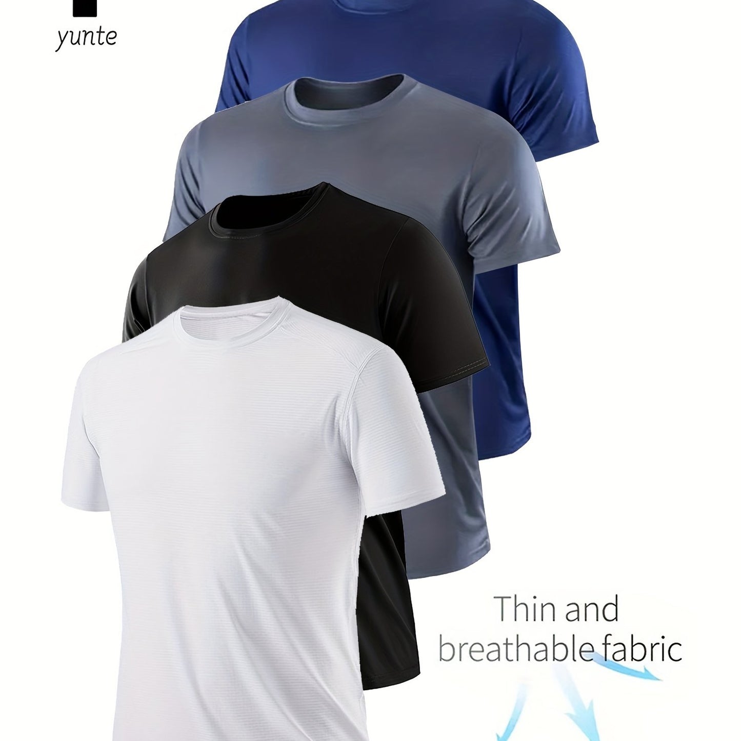 4 Men's Quick-Dry Athletic T-Shirts in Black, White, Gray, Navy - Ideal for Gym, Running & Fitness Training