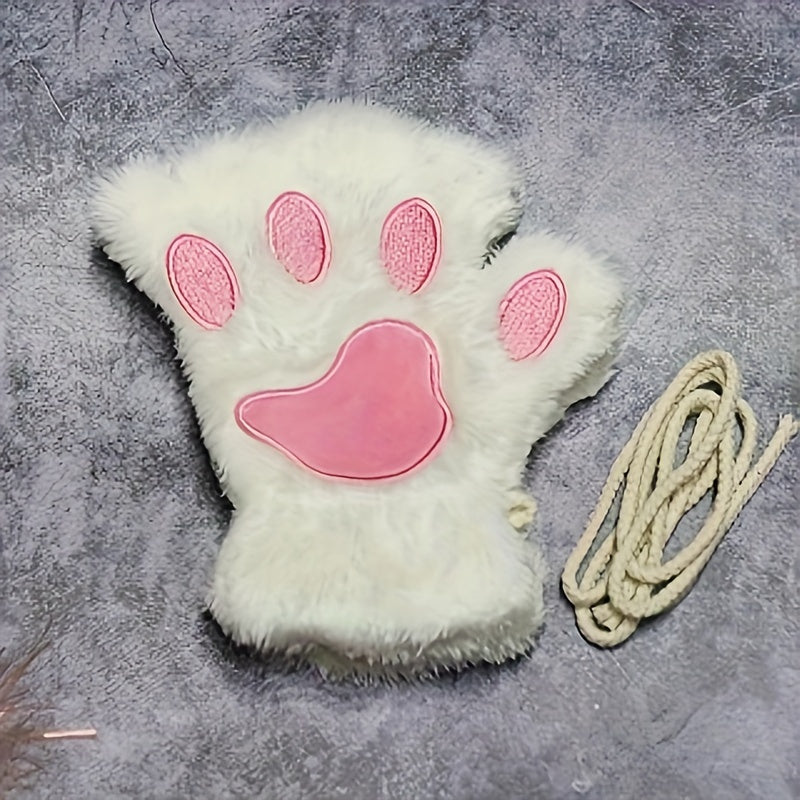 Soft, warm, and comfortable Cozy Cat Claw Plush Half-Finger Gloves - Perfect for Autumn/Winter | A Cute Fashion Statement for Women