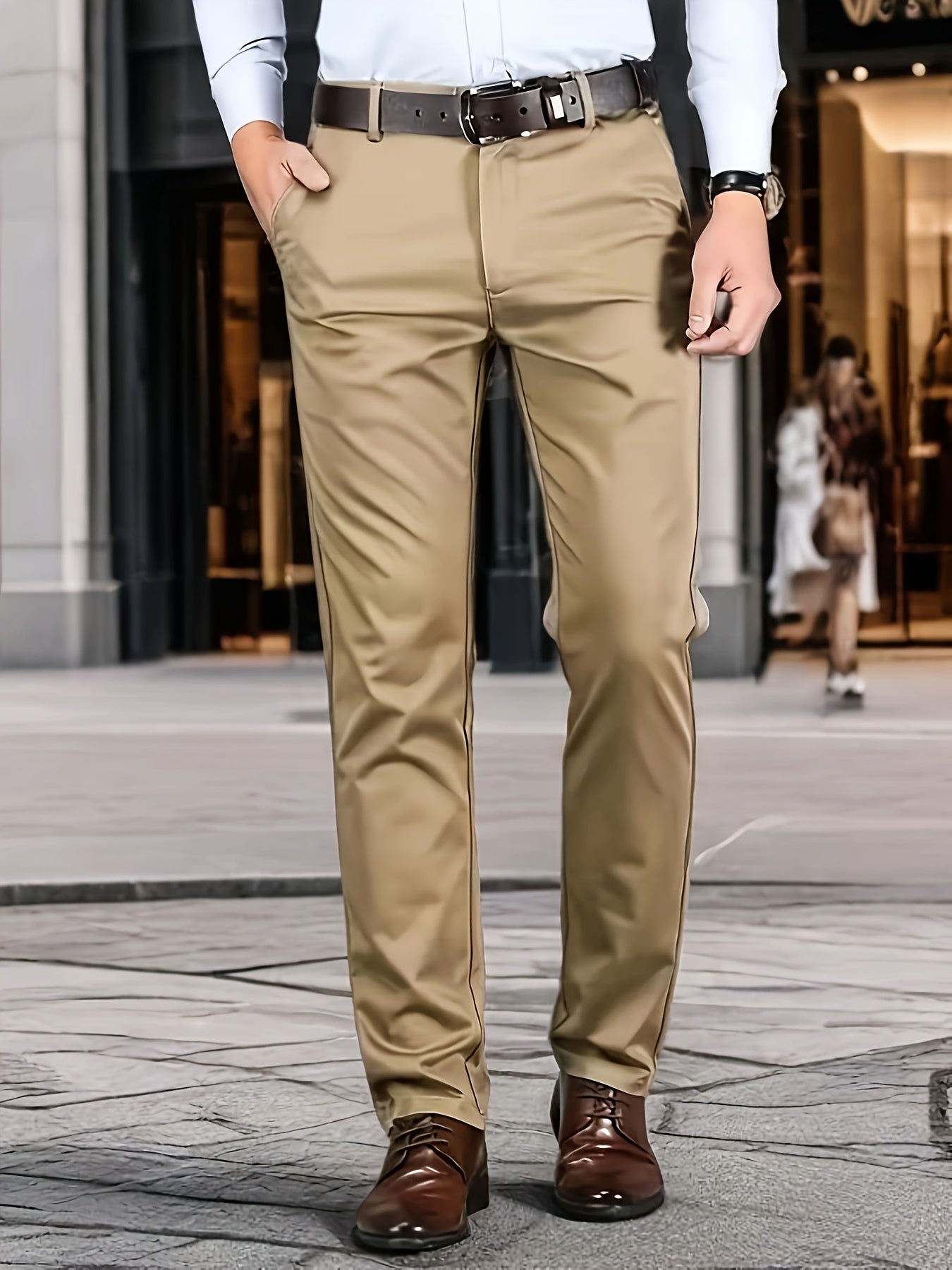 Men's formal solid color stretch dress pants with classic design for business