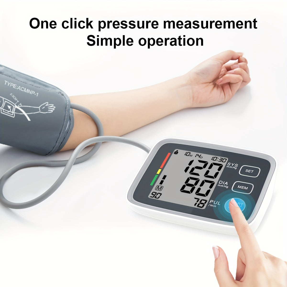 Home blood pressure monitor with automatic upper arm cuff and digital display, includes cuff for arm sizes 22.1-43.18cm.