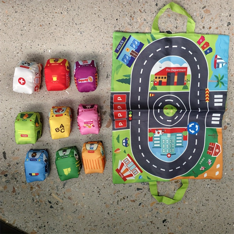 Cloth car toy for toddlers with storage bag, featuring sound paper and transportation-themed design.