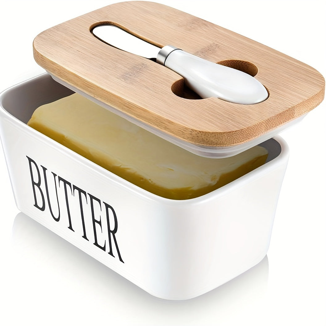 A complete set including a butter dish with a bamboo lid and butter knife, this large ceramic butter box is perfect for kitchen baking and gifting. It serves as an airtight butter keeper container for countertop or refrigerator storage. Ideal for home