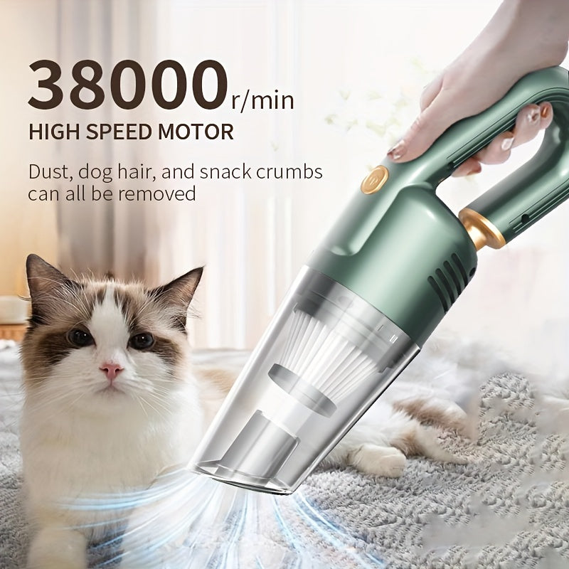 Powerful 12V car vacuum with extended cable, accessories, and strong suction - quiet and efficient.