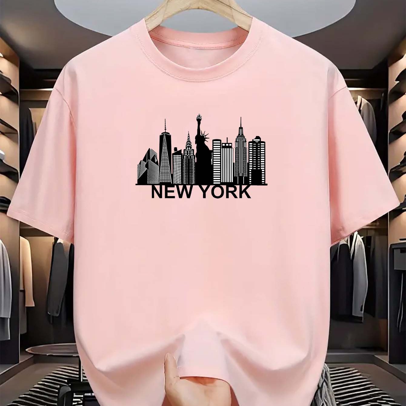 Men's light blue New York City skyline graphic t-shirt for everyday comfort. Casual polyester tee with short sleeves, round neck, and machine washable. Summer fashion essential.