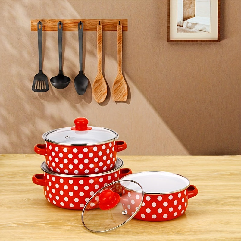 Stylish Red and White Enamel Cookware Set with Polka Dot Design - Ideal for Cooking and Dining Area