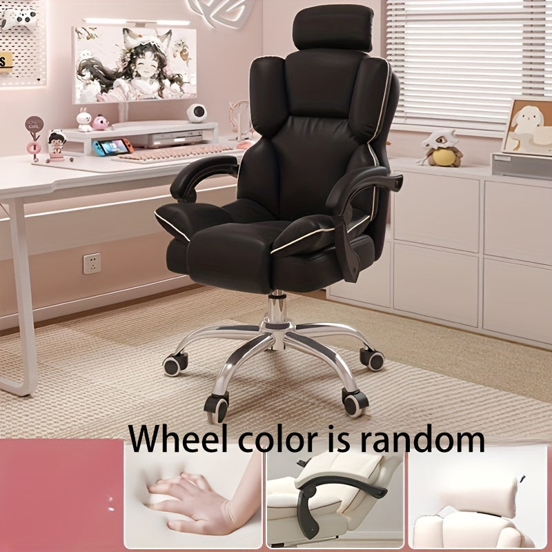 Ergonomic office chair with adjustable height, metal frame, upholstered seat, automatic lumbar support, and wheels for home and gaming.