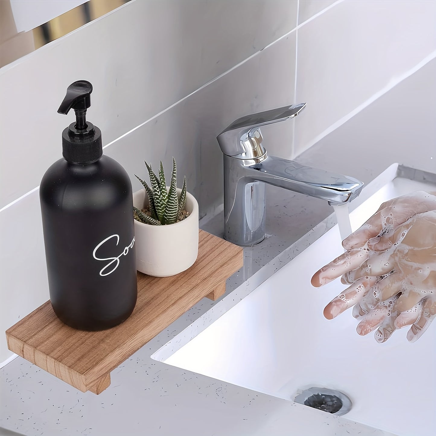 Rustic wooden bathroom tray with farmhouse decor, ideal for kitchen or bathroom use. Made from natural solid wood.