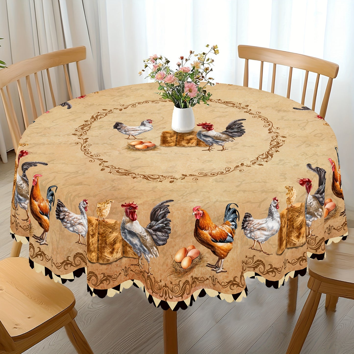 Retro farmhouse tablecloth featuring rooster, chick, and egg prints for daily use in homes, restaurants, terraces, picnics, and courtyards. Suitable for indoor and outdoor settings. Great gift for family and friends.