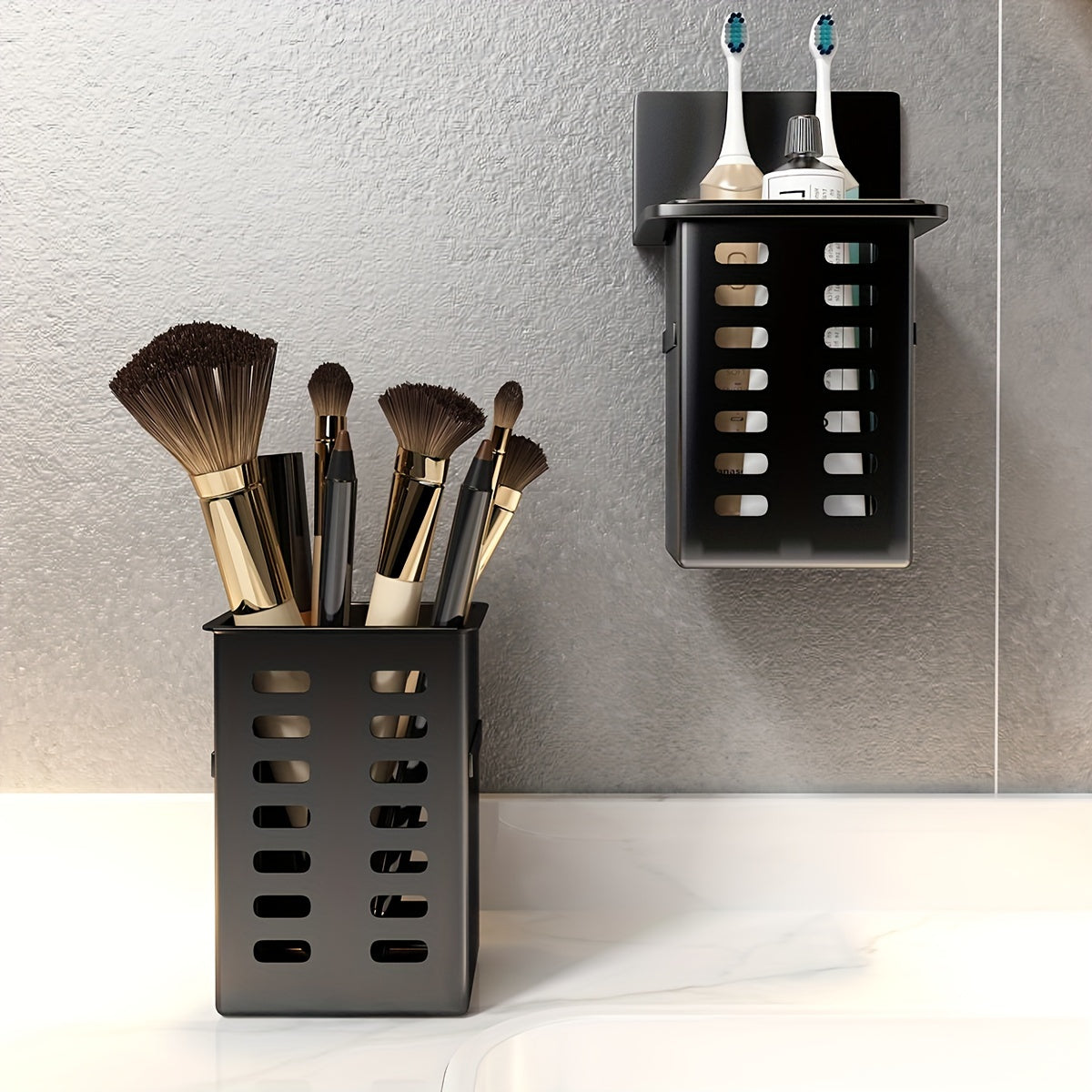 Wall-mounted makeup storage box for bathroom sundries and personal items.