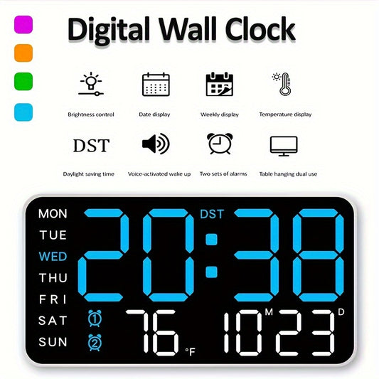 Voice-Activated Wall Clock with Temperature, Date, Time, Alarms, and Snooze - Sleek Design, Battery-Powered - Ideal for Bedroom.