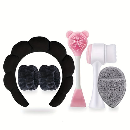 6-piece hypoallergenic silicone facial care set includes deep cleansing spa mask brush kit, soft plush headband, gentle exfoliating scrubbers, and portable skincare tools. Ideal gift for