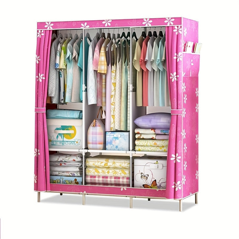 Metal Fabric Wardrobe Organizer with Clothing Storage Rack, Easy Assembly Closet System for Shirts, Clothes, and Quilts. Versatile storage solution for home, dorm, or bedroom. Requires no power, weather-resistant, and weighs under 13.61KG with a height