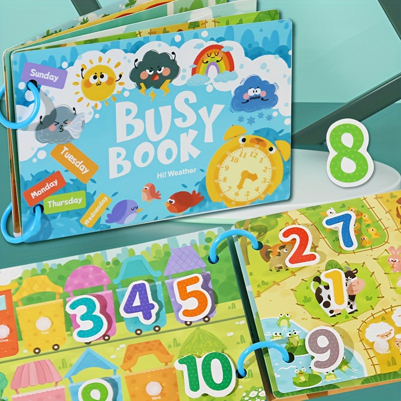 Interactive educational busy book for ages 3+ with alphabet and logic activities. Vibrant paper materials make it an early learning cognitive game, perfect for preschoolers.