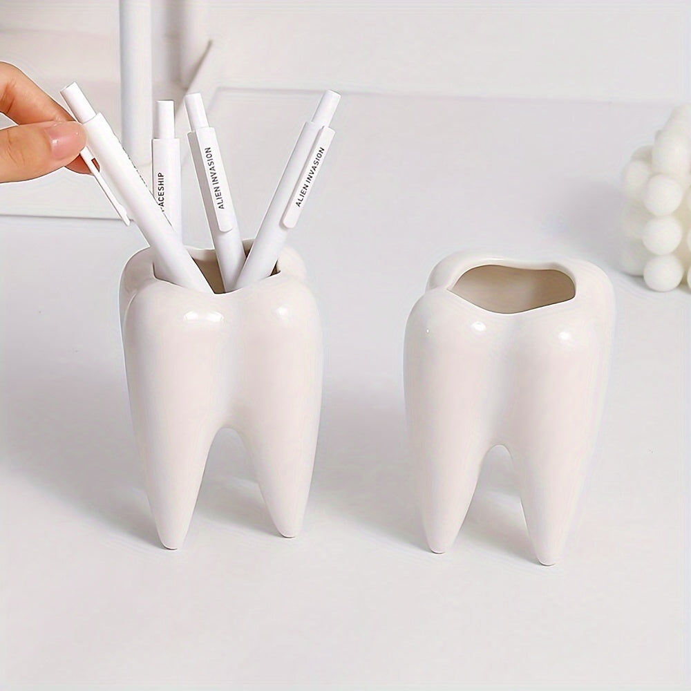 Ceramic tooth-shaped pen holder and succulent pot, rotates 360° for desk organization, ideal for home office and dentist gifts. Cute desk decor and plant holder, perfect for office desk.