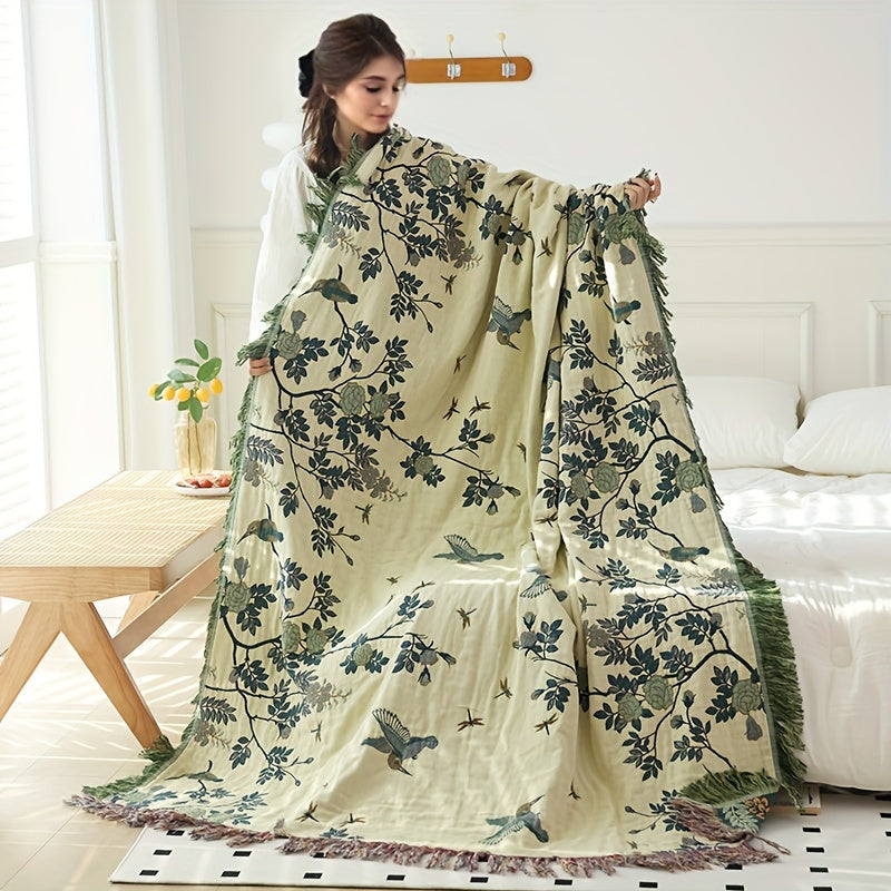 This versatile multi-layer gauze blanket can be used as a lunch cover, sofa towel, bed sheet, air conditioner blanket, summer quilt, or towel quilt. It is double-sided and skin-friendly, machine washable, reusable, and resistant to deformation, balling