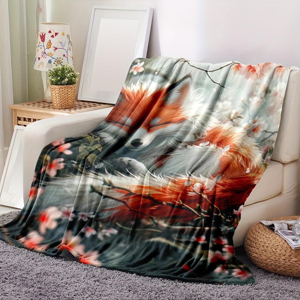 Soft Fox Print Flannel Throw Blanket - Suitable for All Seasons, Hypoallergenic, Ideal for Couch, Bed, Office & Travel, Adorable Design, Animal Inspired