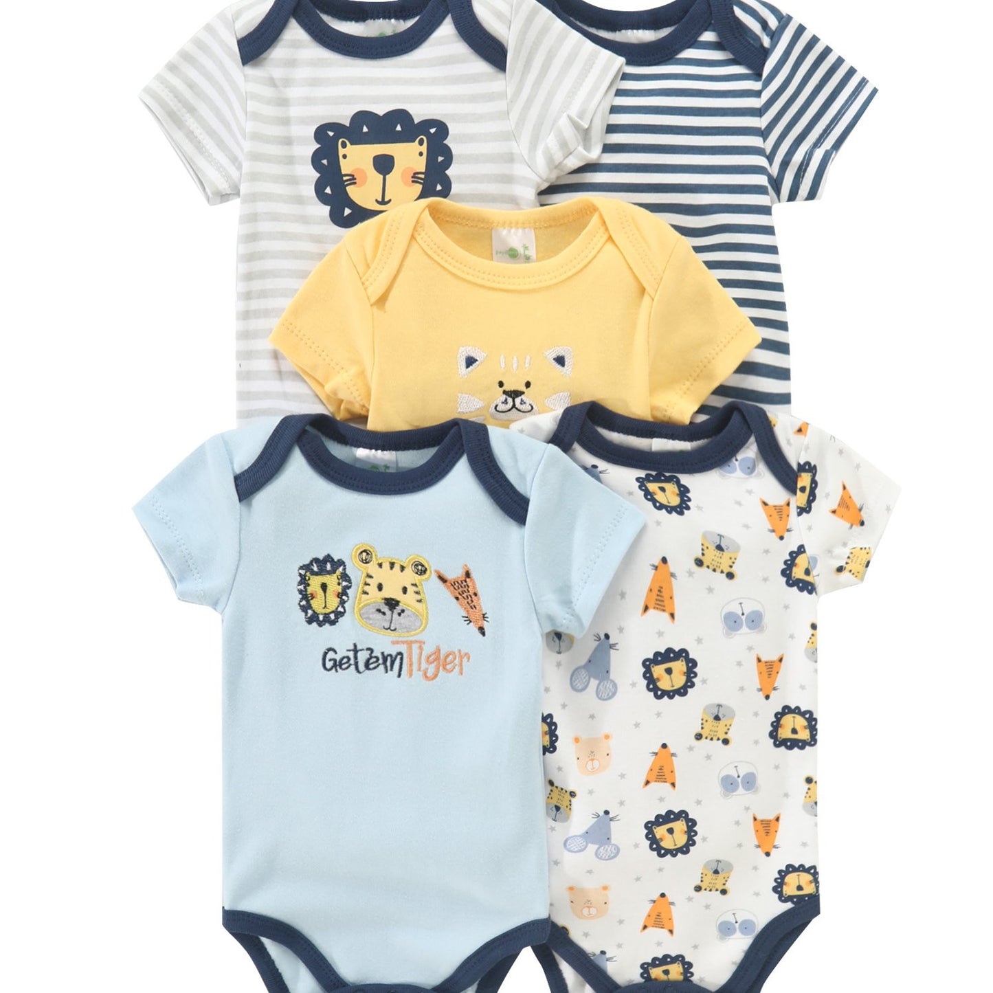 5pc Newborn Baby Boy Bodysuit Set with Cute Graphics for Spring and Fall Outdoor Wear.