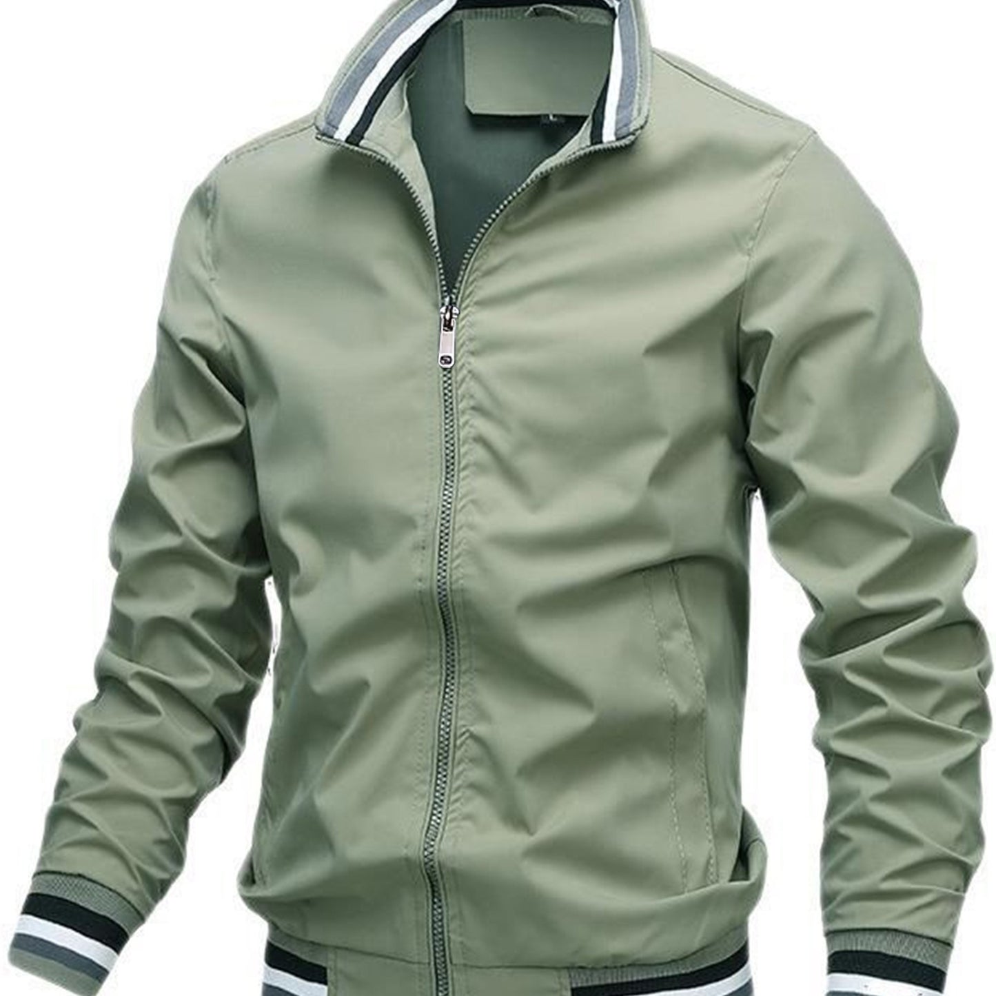 Men's lightweight bomber jacket with stand collar, zipper placket, and long sleeves. Made of 100% polyester for hiking and casual wear.