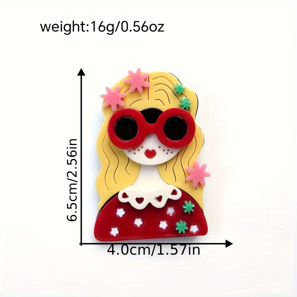 Charming and Stylish Acrylic Brooch: A Playful Pin featuring Red Glasses and Pretty Flowers