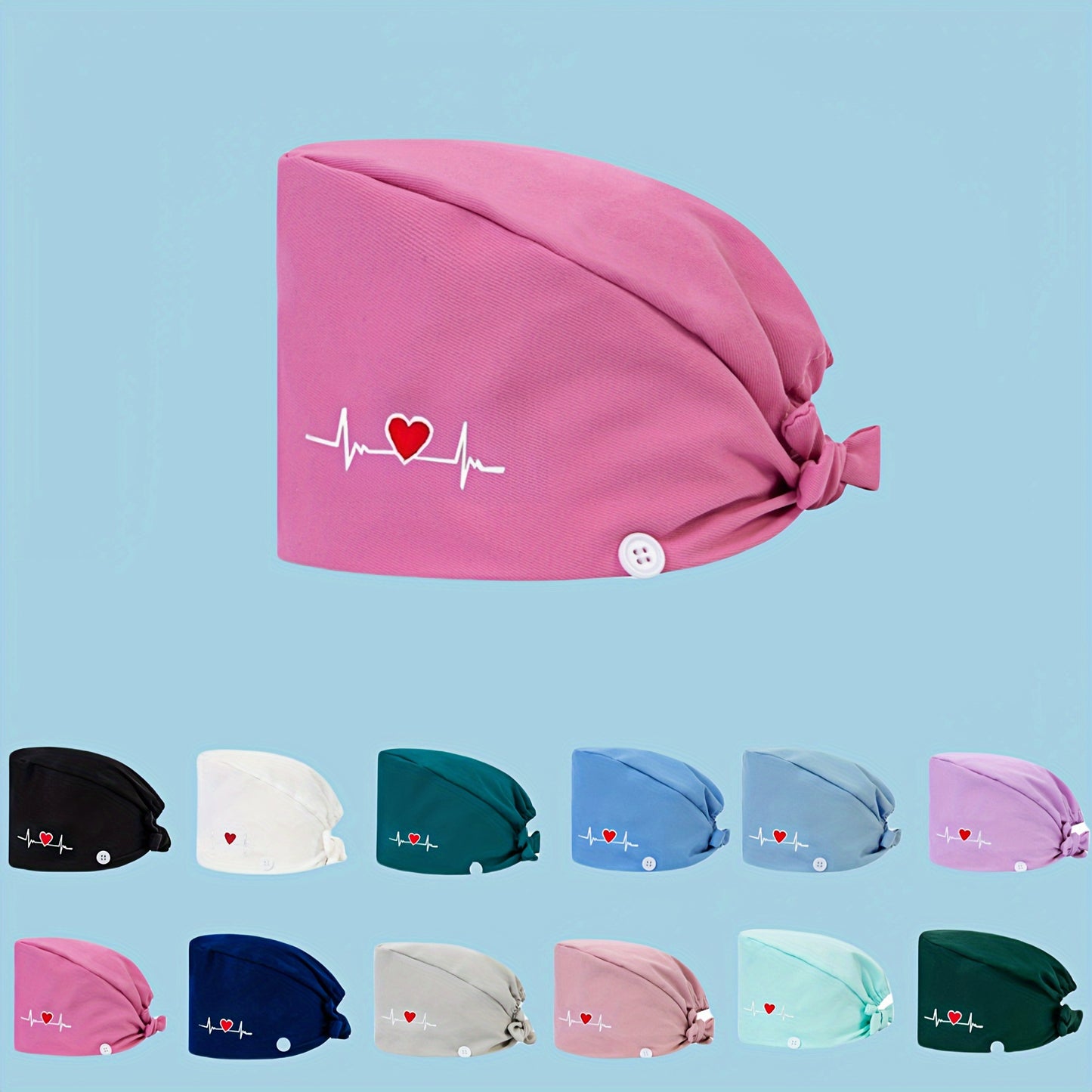 Women's embroidered heart pattern beanie cap made of 100% polyester with breathable, inelastic design. Features sweat-absorbent lining, dust-proof material, and adjustable elastic band.