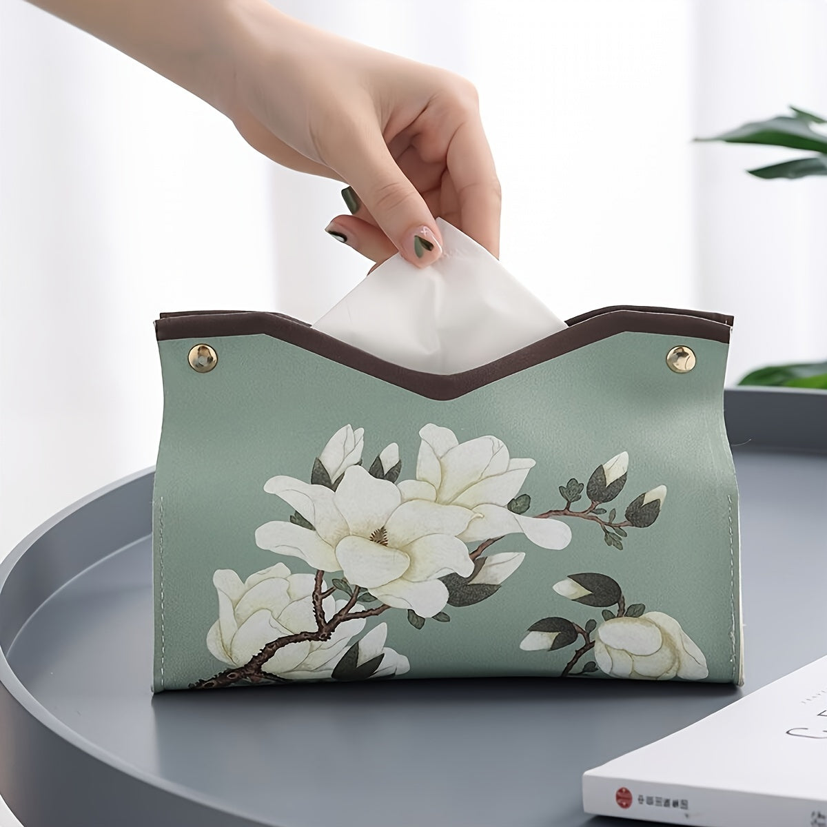 PU leather tissue box with floral print, suitable for bathroom or living room décor.