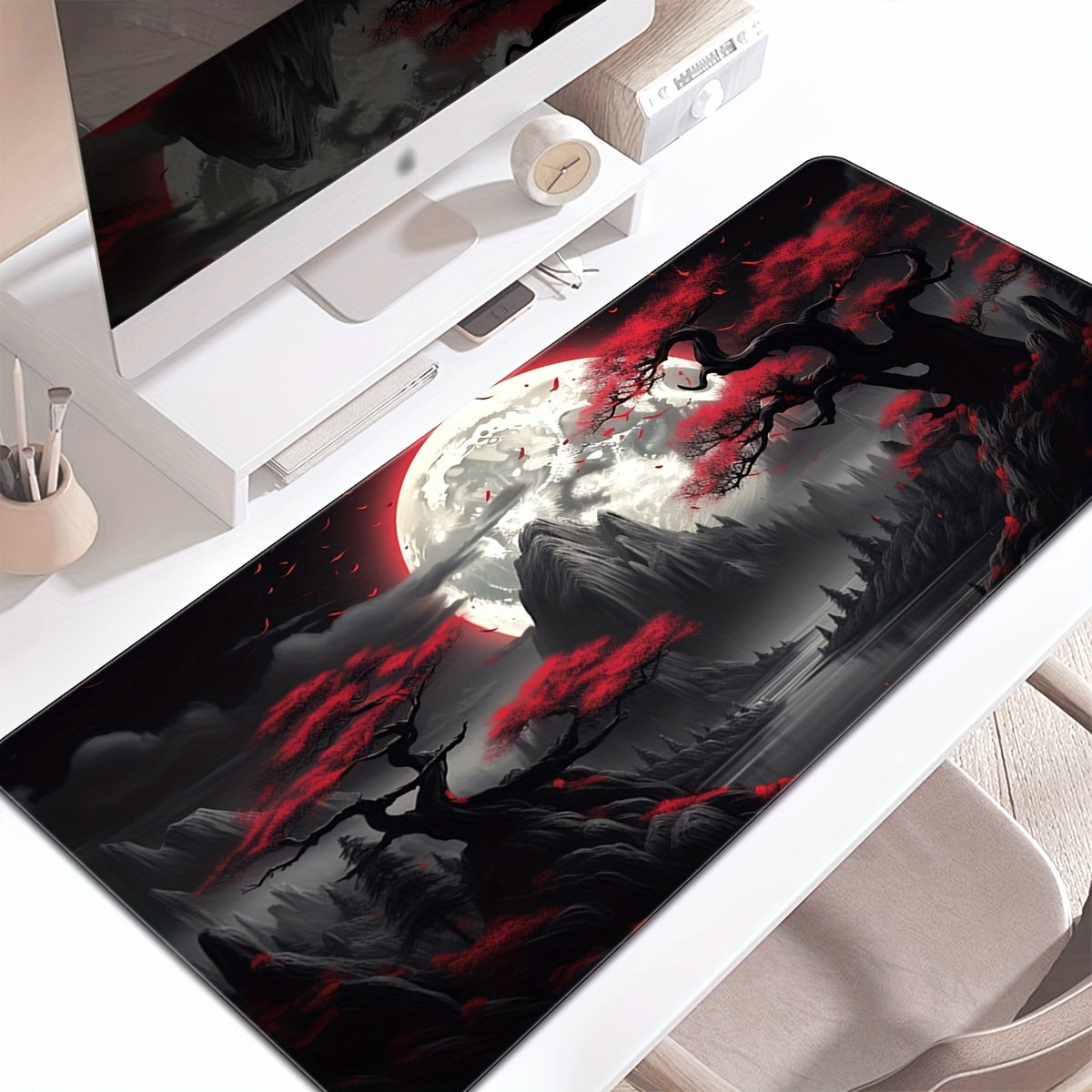 Large gaming mouse pad with dark red moon design and non-slip surface, perfect as a gift for teens or significant others.