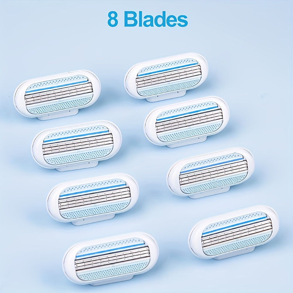 Replaceable manual safety razor blade for women's bikini hair removal with a 3-layer stainless steel blade.