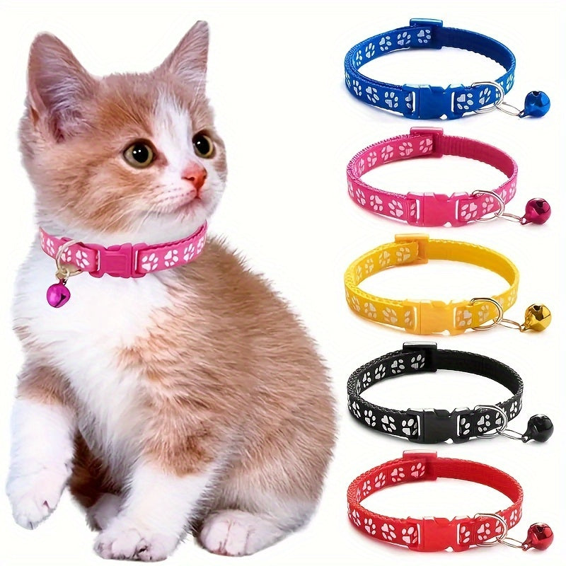 10 Cute Paw Print Adjustable Pet Collars with Bells, Nylon Cat Safety Collars