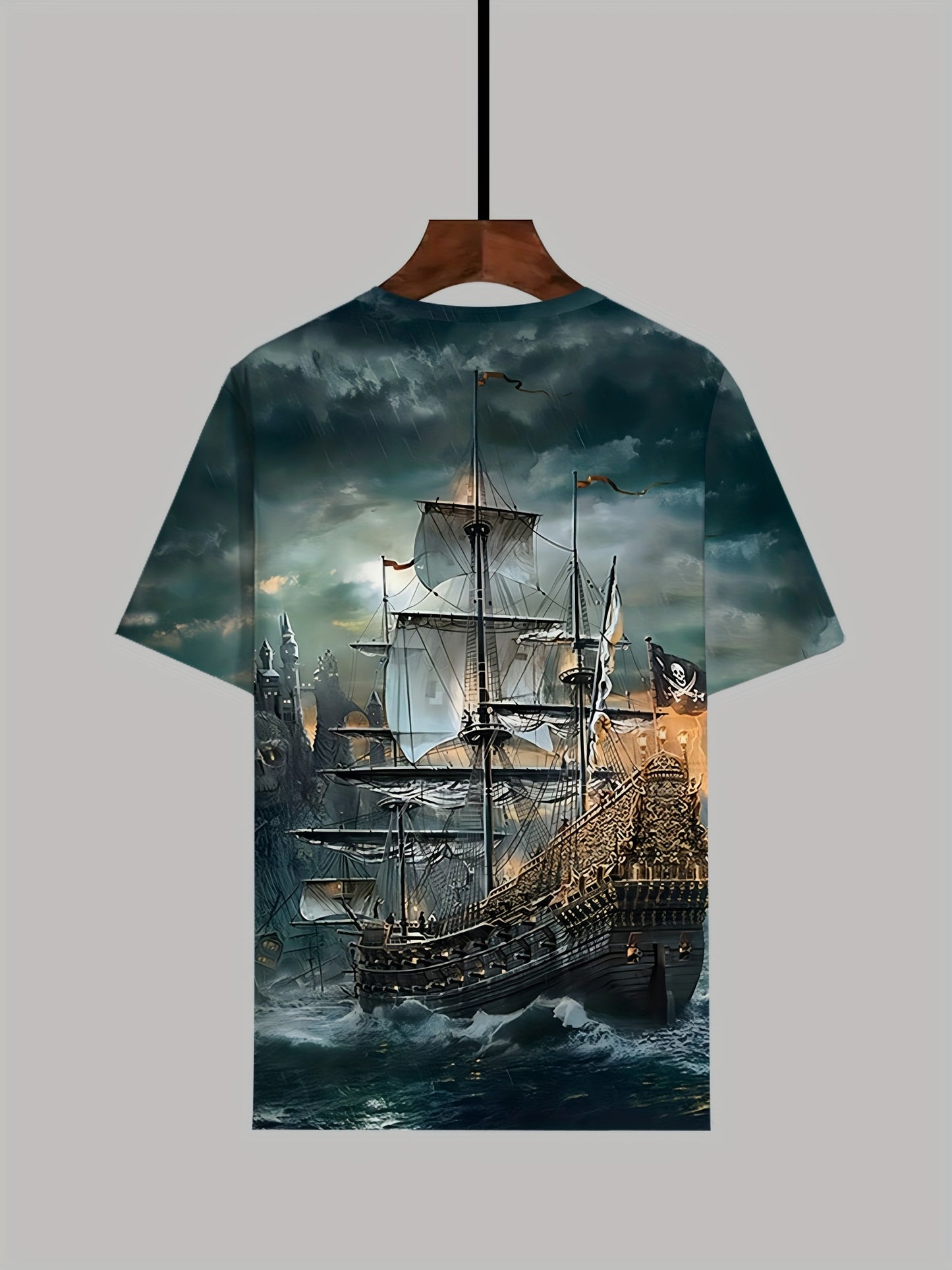 Men's pirate ship print t-shirt made of polyester knit fabric with slight stretch, featuring casual street style and regular fit for daily wear in plus size.