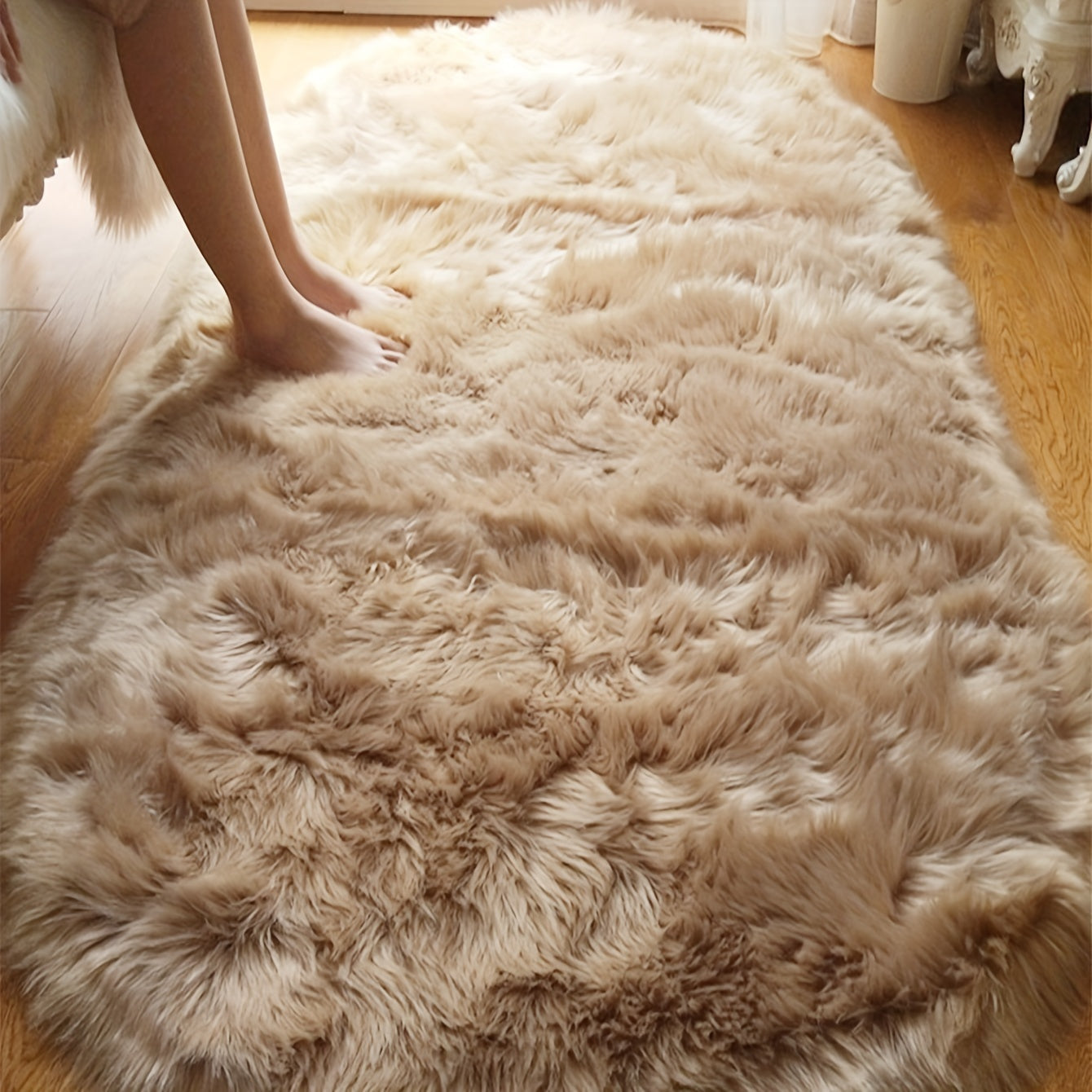 Soft and comfortable high-pile imitation wool bedside area rug for the bedroom, thickened and fluffy for extra comfort. This machine washable carpet is perfect for the living room, sofa, or coffee table.