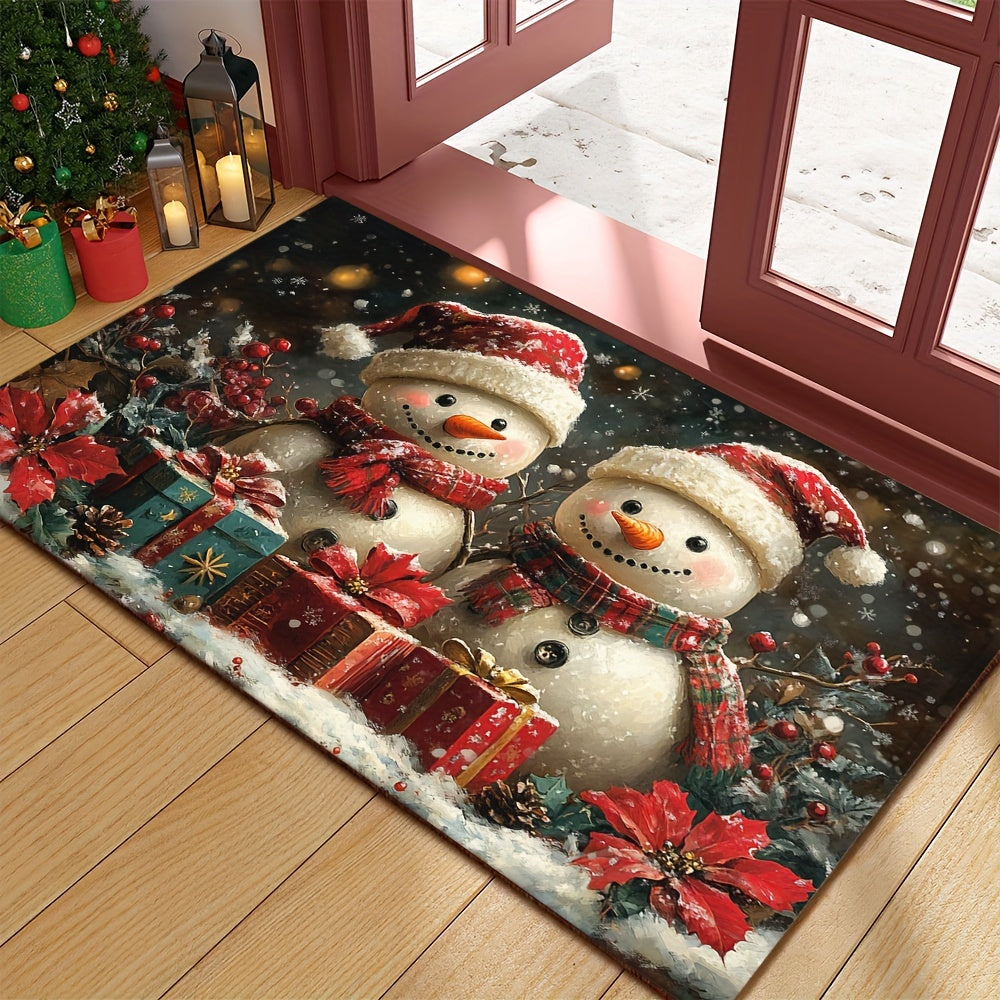 This durable Christmas Snowman Doormat is made of lightweight and washable braided polyester, with a non-slip rubber backing to keep it in place. Perfect for use in the home, living room, bathroom, or balcony. Machine-made for quality and featuring