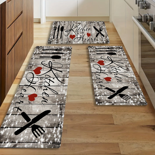 Wood grain kitchen mat with heart knife & fork design. Durable polyester, machine washable. Perfect for home decor.