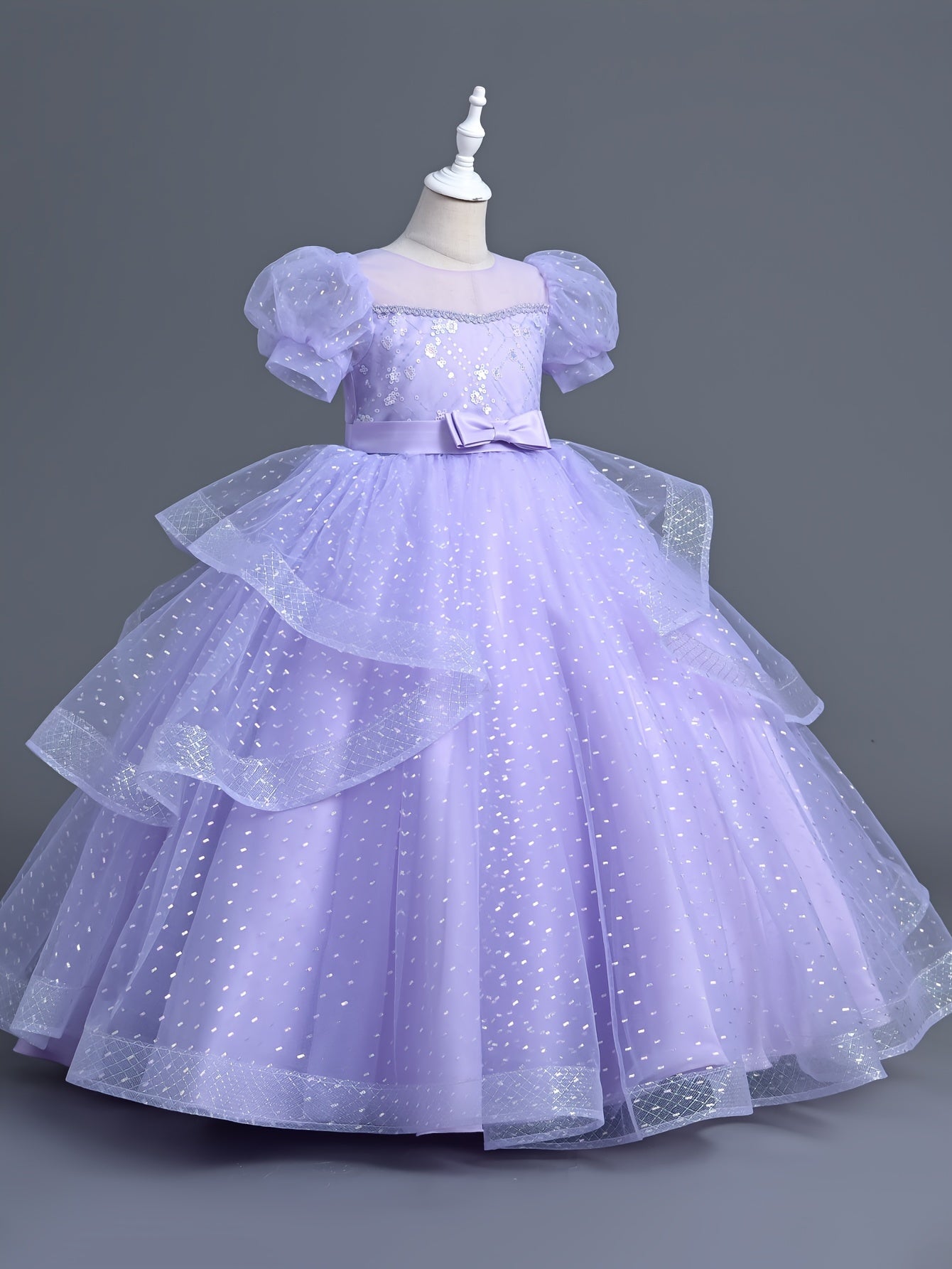 Polyester ball gown dress for girls, featuring a solid color tent silhouette with contrast mesh, crew neck, lantern short sleeves, non-stretch fabric, includes belt. Perfect for all-season