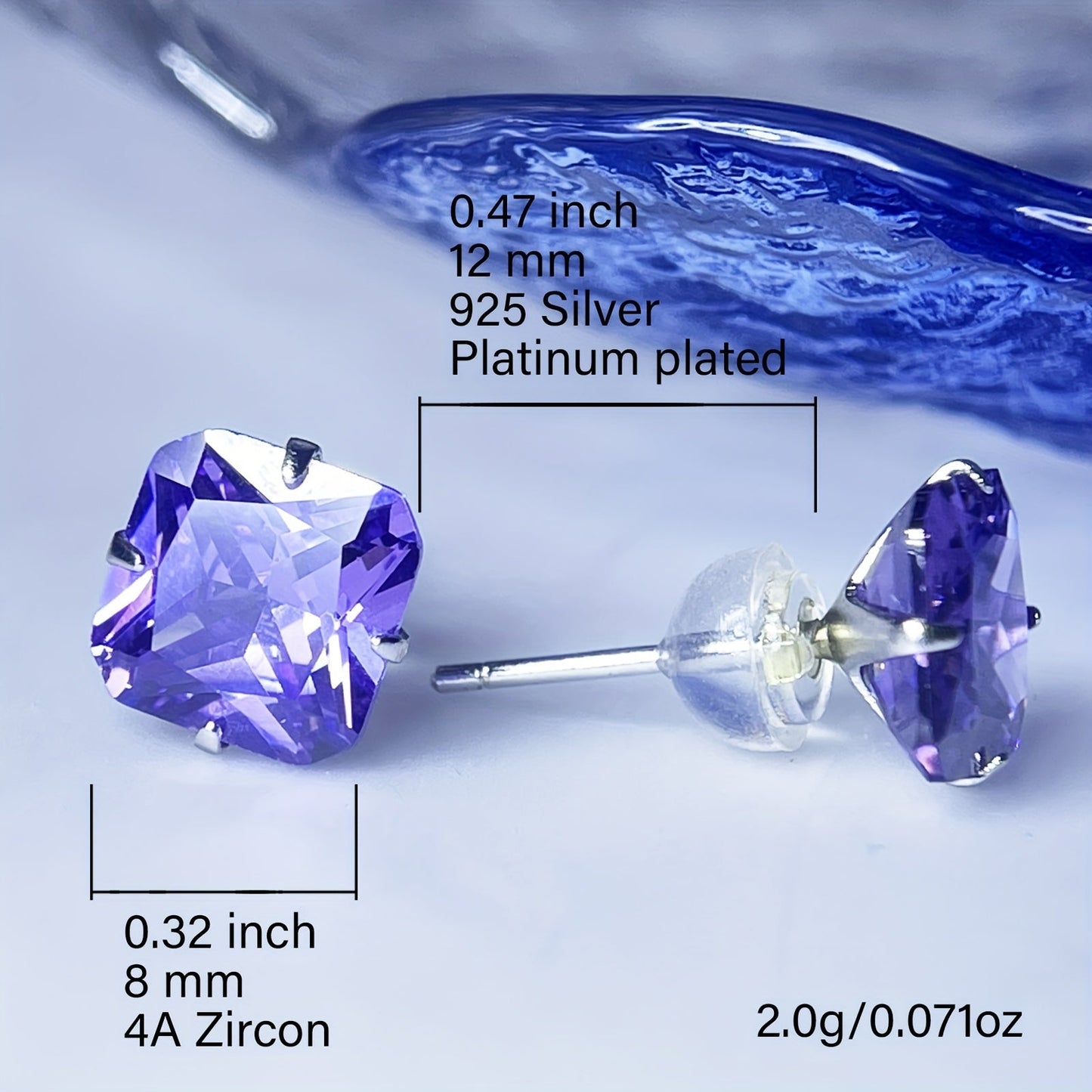 925 Sterling Silver Hypoallergenic Square Stud Earrings featuring Sparkling Purple Zirconia Inlays - Elegant Luxury Style Wedding Ear Decor