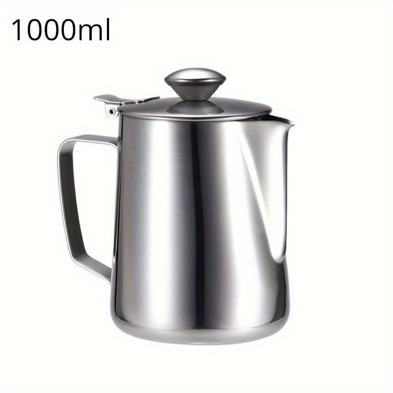 Stainless Steel Milk Frothing Pitcher with Lid - Perfect for Espresso Steam Coffee, Baristas, Lattes, Cappuccinos, RVs, Outdoor Camping, Picnics, Office, and Travel - Includes Cream Cup Jug and Coffee Maker Accessories - Ideal for Back to School