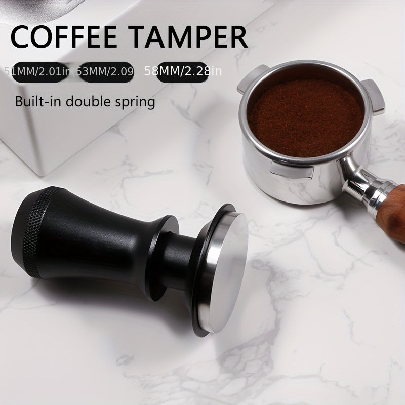 Coffee Tamper with 51/53/58mm Calibrated Size and Spring Loaded Design, Featuring Flat Stainless Steel Base in Black and Silvery Colors. Includes Two Springs for Firm and Even Tamping.