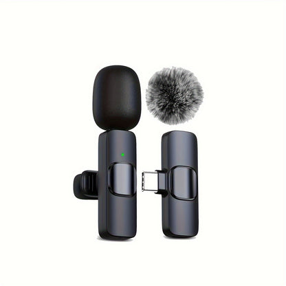 Wireless lavalier microphone with windproof fur ball for smartphones, laptops, and audio video recording, perfect for video interviews, podcasts, and vlogs.