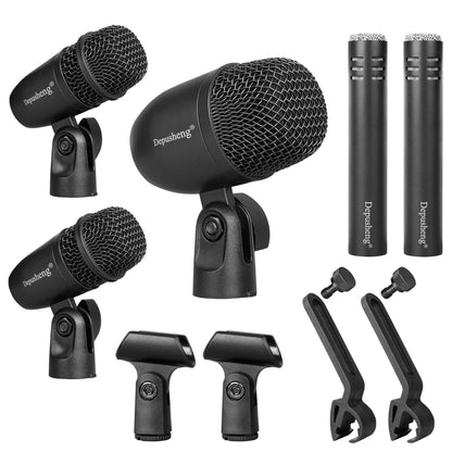 Depusheng 7pcs Wired Dynamic Microphone Kit for Drums, with All-Metal Construction, Ideal for Kick Bass, Tom/Snare, and Cymbals. Includes Thread Clips and 7 Audio Cables for Stage Use.