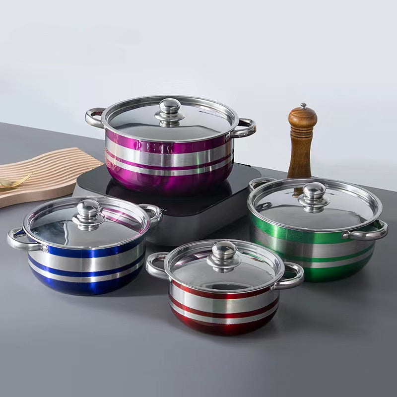 4-piece Set of Colorful Stainless Steel Cookware with Lids, Double-Bottomed Stockpots, and Serving Spoon - Suitable for all Stovetops - Must-Have Kitchen Essentials