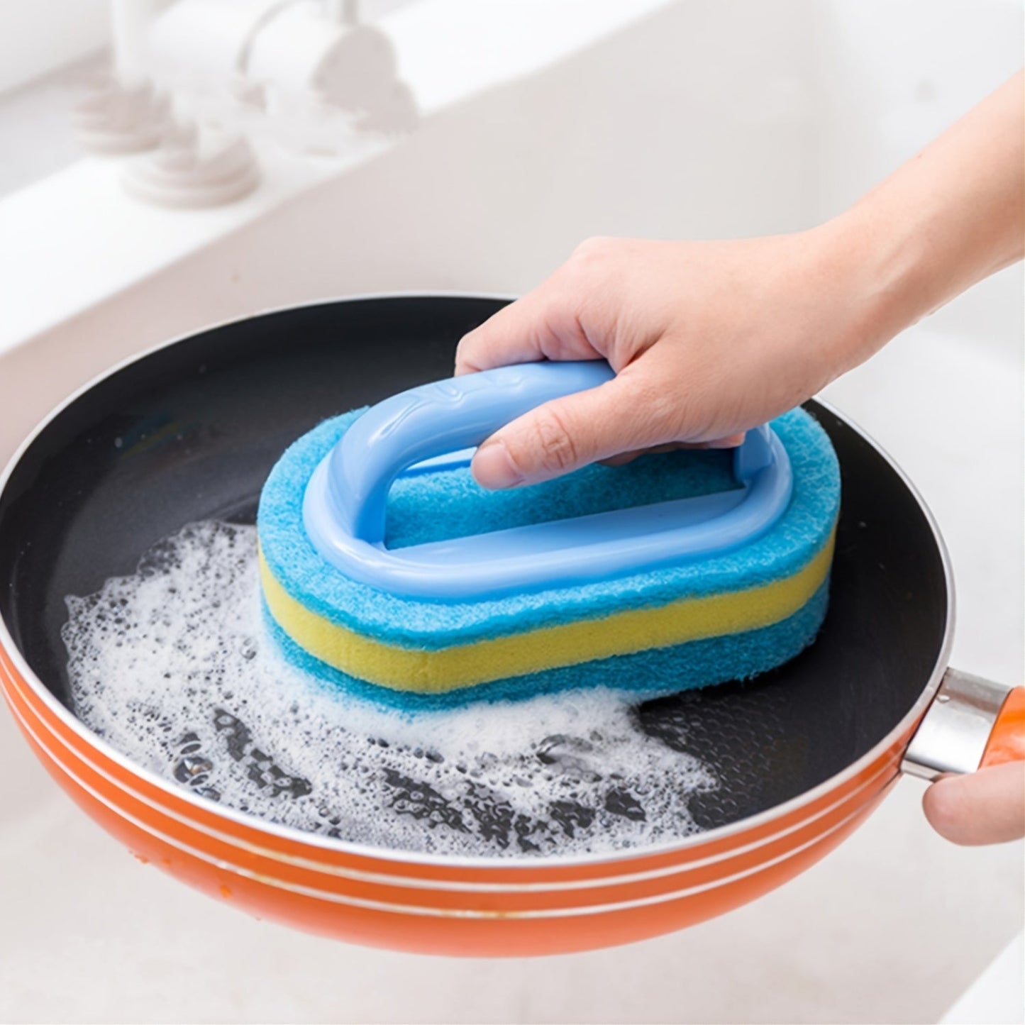 One-piece Multi-Functional Sponge Scrubber with Handle - Non-Electric Cleaning Brush for Bathroom, Bathtub, Kitchen, and Household Surfaces