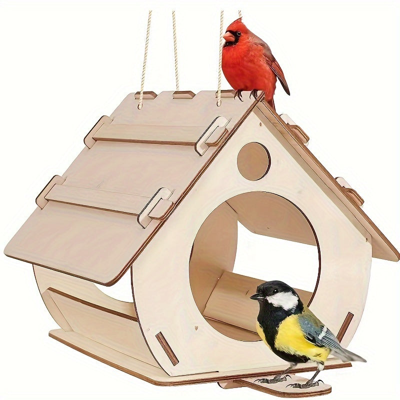 DIY wooden bird feeder house for outdoor garden decor.