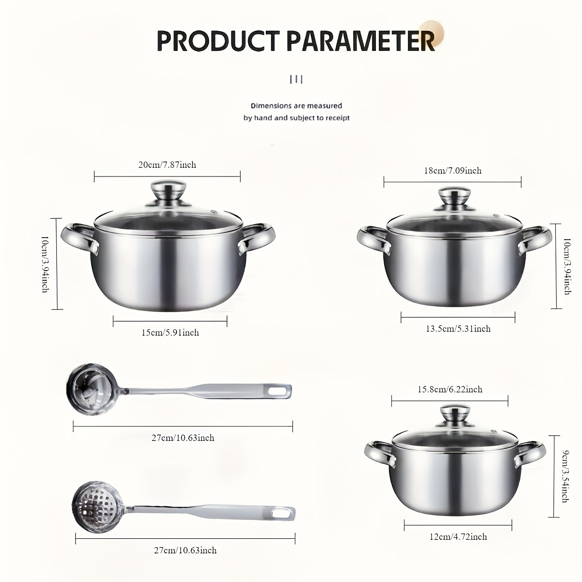 This set includes 8 pieces of stainless steel soup pots that are perfect for cooking. The set includes 3 pots, 3 pot covers, and 2 spoons. These pots are suitable for use on both induction cookers and gas stoves. They feature stainless steel double