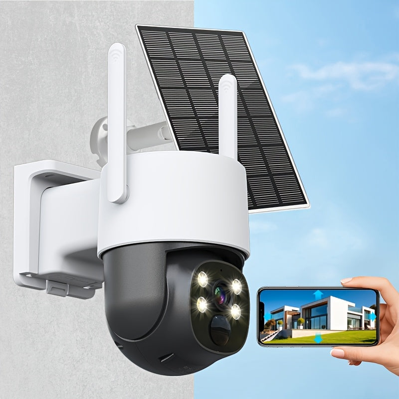 Introducing the ZHXINSD 4MP Solar-Powered Security Camera! This wireless outdoor surveillance camera features 2.4GHz connectivity, two-way audio, color night vision, PIR motion detection, 360-degree panoramic view, PTZ functionality, and a rechargeable