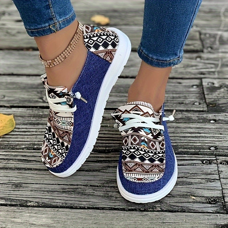 Women's Geometric Pattern Canvas Shoes, Casual Low Top Flat Shoes, Lightweight Sneakers