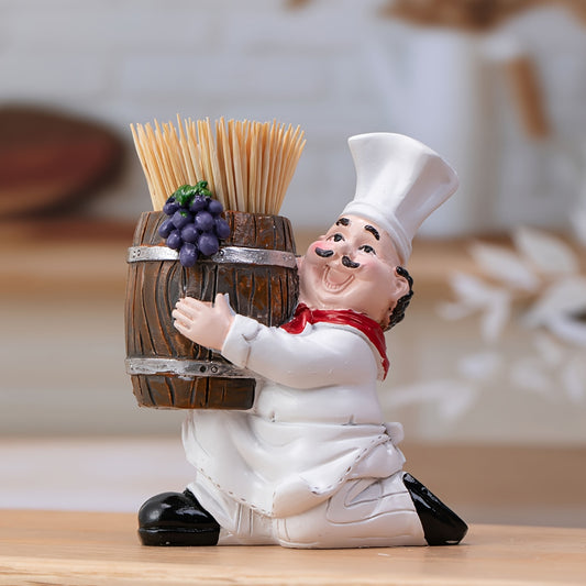 Chef holding barrel ornament, a whimsical toothpick holder and cartoon statue art craft, perfect for kitchen, home, office, cafe decor. Great for tabletop or entryway display. Ideal for winter, Christmas, and New Year decorations.