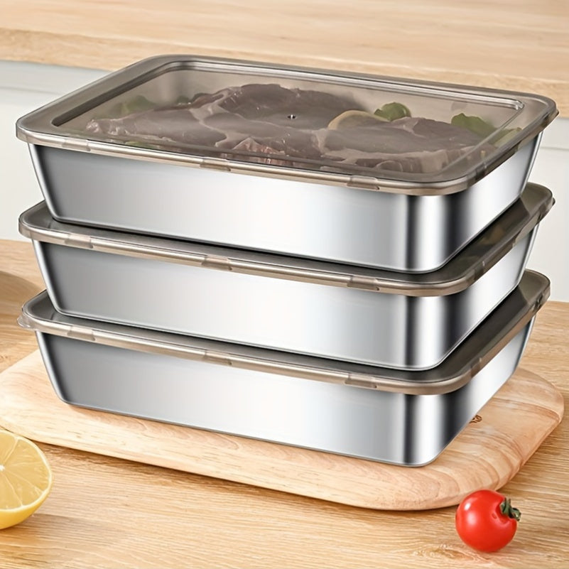 Set of 3 durable stainless steel food storage containers, leak-proof, BPA-free, microwave & freezer safe, shatterproof, multipurpose flip top rectangular kitchen organizers.