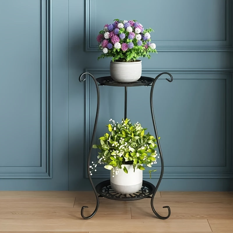 Elegant double-tier metal stand with hanging decorative container for home and garden decor. Durable and lightweight, suitable for indoor and outdoor use.