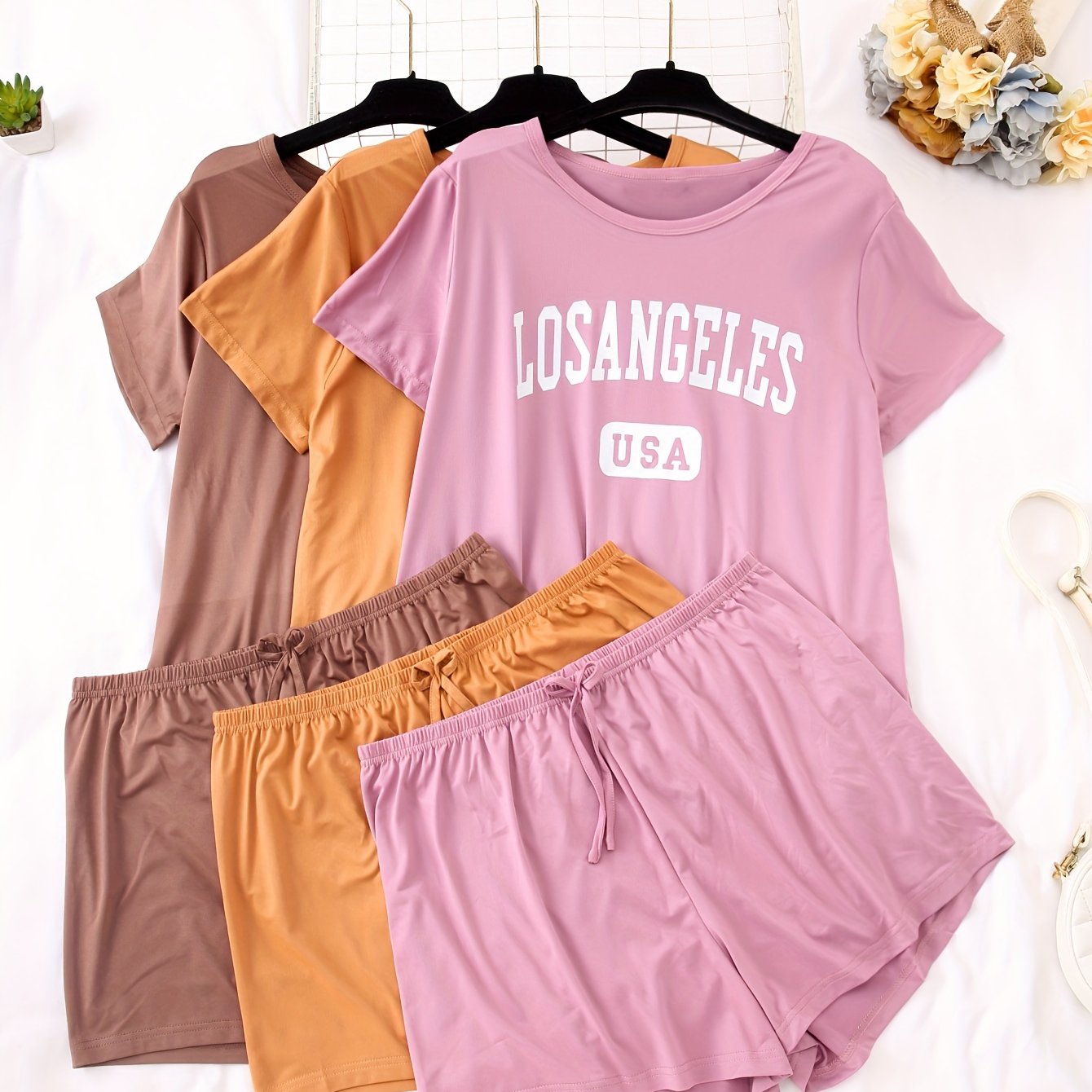 3 sets of women's plus-size casual pajamas with letter and plaid print short sleeve top and shorts, 6 pieces loungewear set.