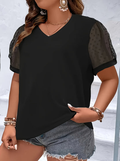 Plus size V-neck T-shirt with lace detail, made of breathable mesh fabric. Machine washable. Casual, short sleeve style for women's fashion.