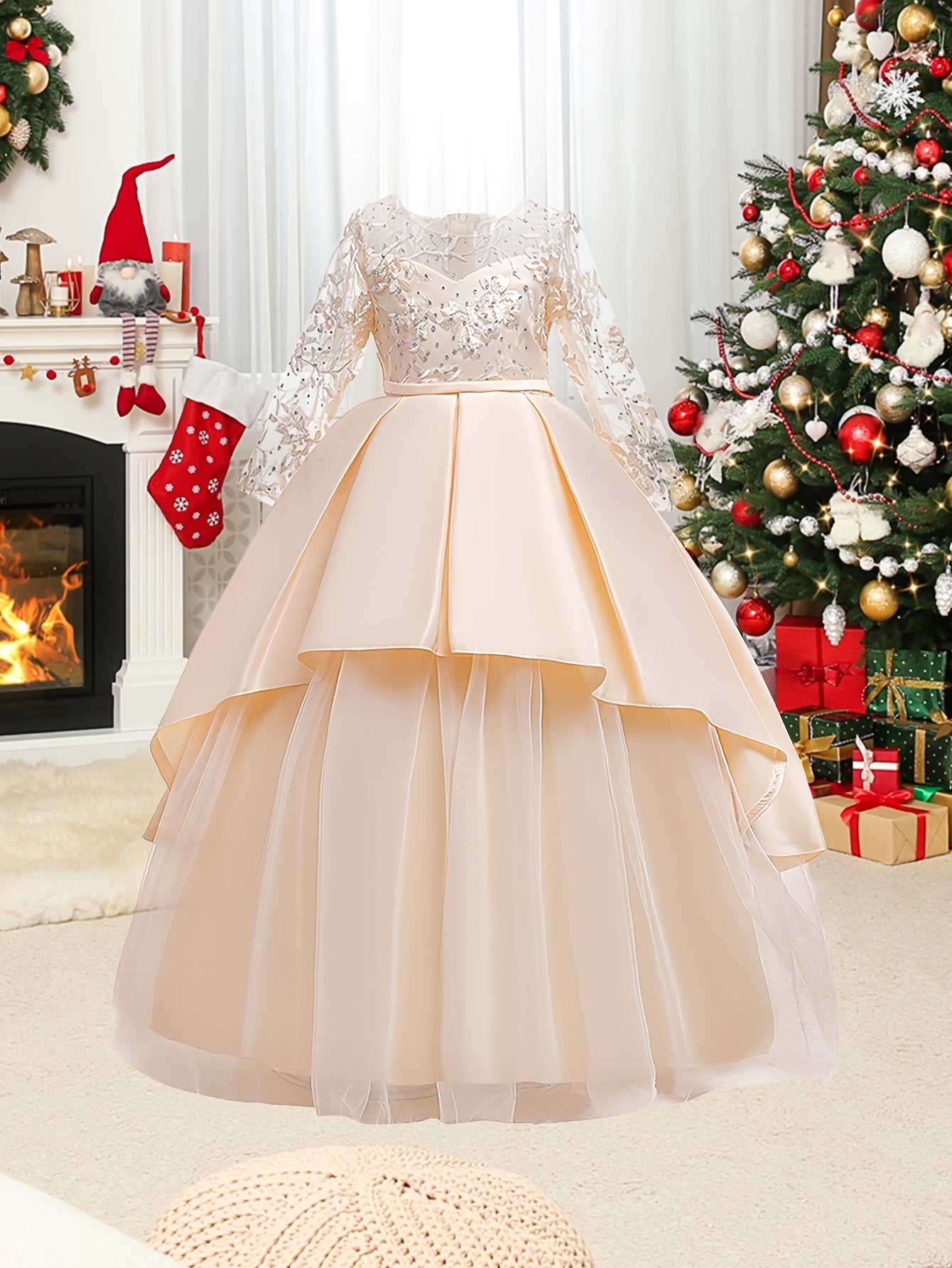 Stylish long sleeve tulle wedding dress with crew neck, polyester viscose fabric, and bow detail. All-season fit and flare costume for a princess-like look.